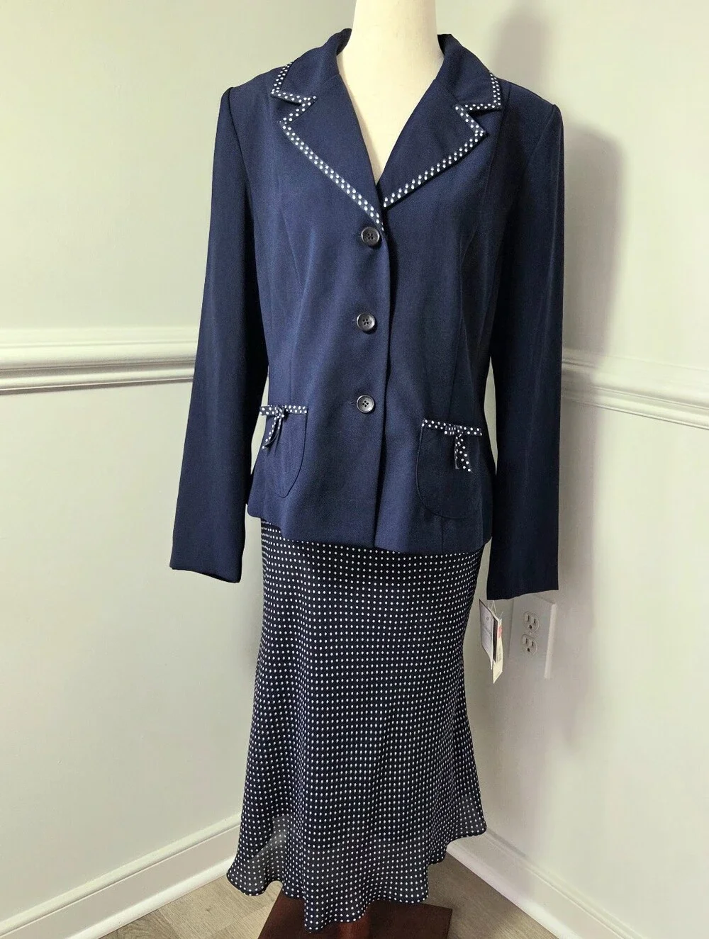 NWT Y2K Retro Polka Dot Skirt Suit Set Navy Preppy Blazer Size 8 Sag Harbor